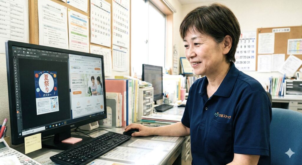 パソコンで画像編集している介護職員