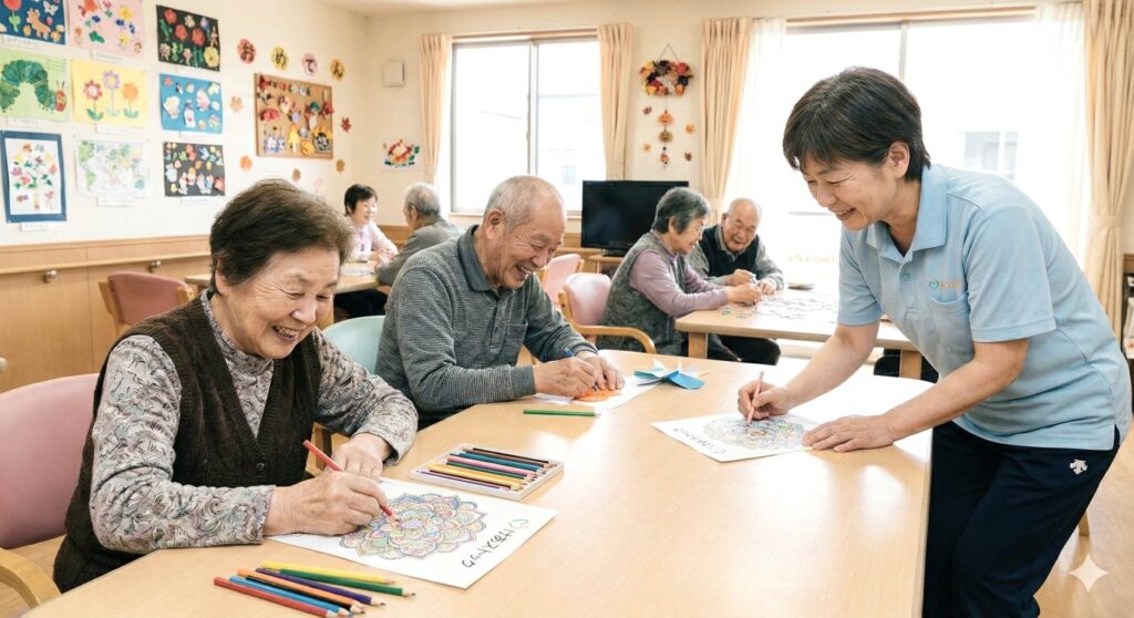 ぬりえレクを楽しむ高齢者