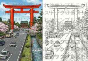 【大人の塗り絵】京都・平安神宮・大鳥居と疎水（見本付き・高画質データ）