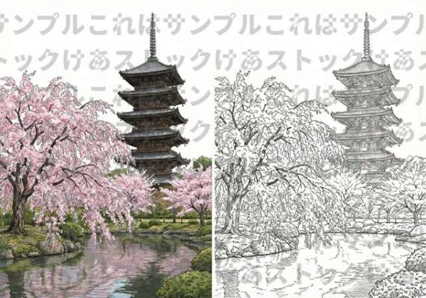 【大人の塗り絵】京都・東寺・五重塔と不二桜（見本付き・高画質データ）