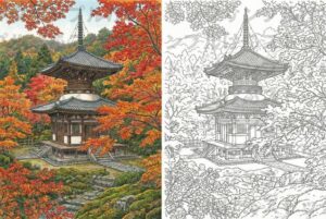 【大人の塗り絵】永観堂・多宝塔と紅葉（見本付き・高画質データ）