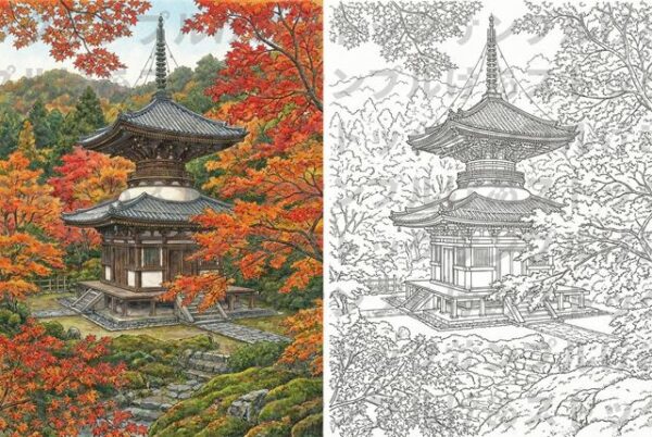 【大人の塗り絵】永観堂・多宝塔と紅葉（見本付き・高画質データ）