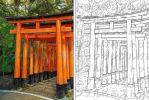 【大人の塗り絵】伏見稲荷大社・千本鳥居（見本付き・高画質データ）