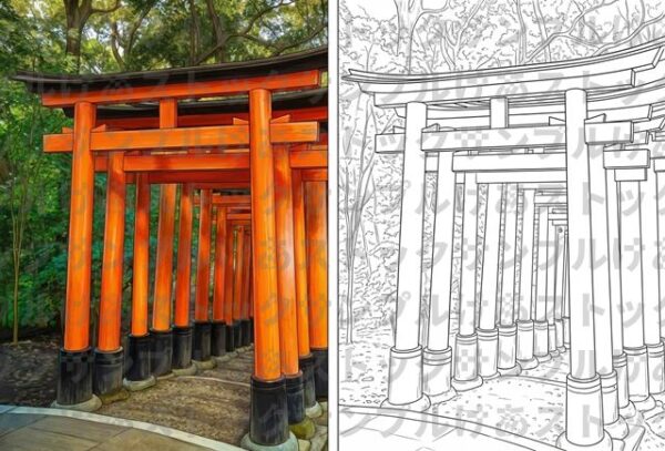 【大人の塗り絵】伏見稲荷大社・千本鳥居(見本付き・高画質データ)