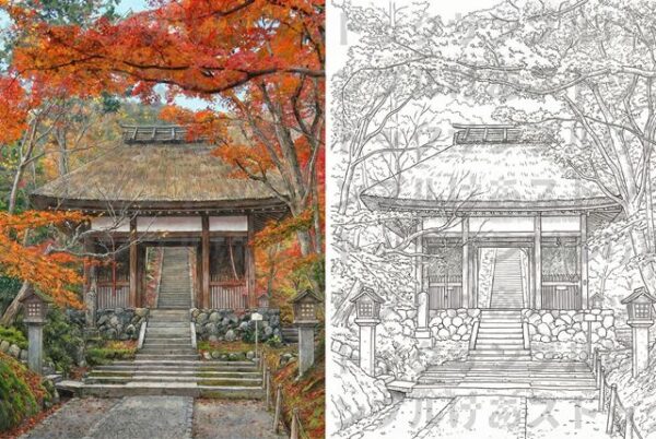 【大人の塗り絵】常寂光寺・茅葺き屋根と紅葉（見本付き・高画質データ）